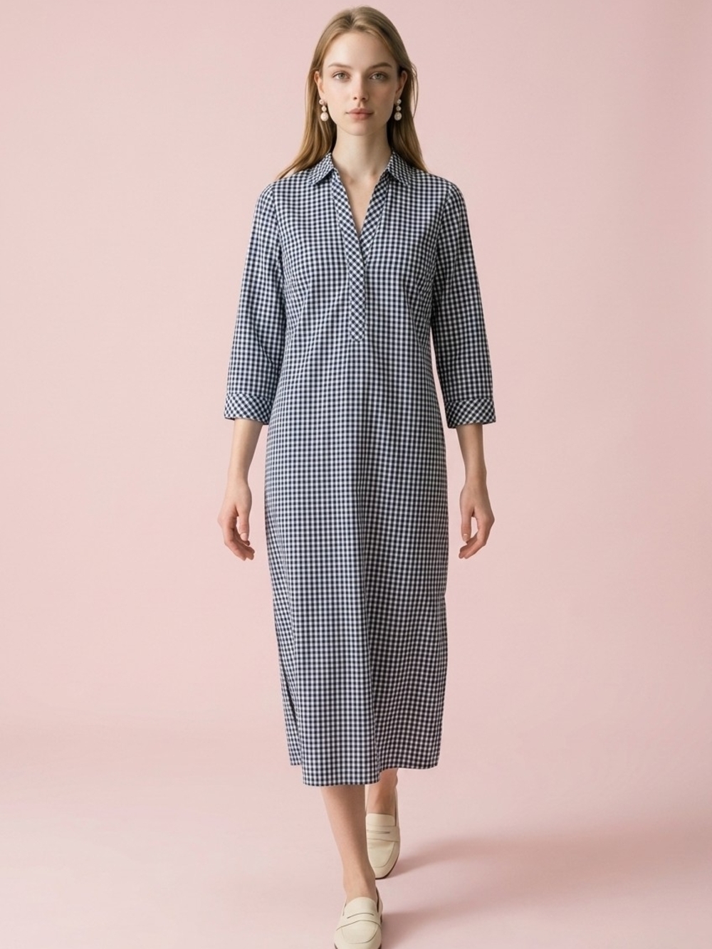 J. Jill Navy and White Gingham Shirt Dress